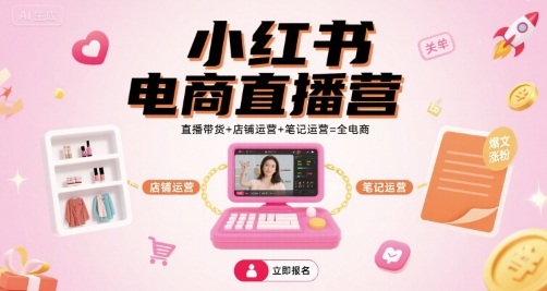 小红书电商直播营，直播带货+店铺运营+笔记运营=全电商-独角兽众创资源站独角兽网创资源站