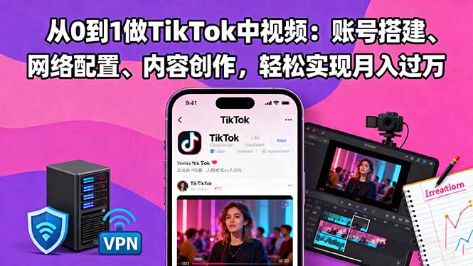 从0到1做TikTok中视频：账号搭建、网络配置、内容创作，轻松实现月入过万-独角兽众创资源站独角兽网创资源站
