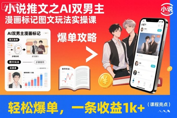 小说推文之AI双男主漫画标记图文玩法实操课，轻松爆单，一条收益1k+-独角兽众创资源站独角兽网创资源站
