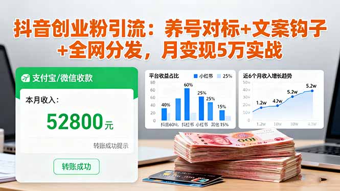 抖音创业粉引流:养号对标+文案钩子+全网分发,月变现5万实战-独角兽众创资源站独角兽网创资源站
