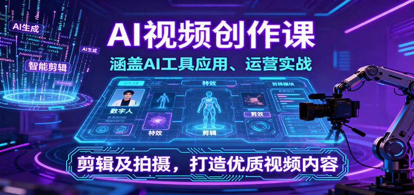 AI视频创作课，涵盖AI工具应用、运营实战、剪辑及拍摄，打造优质视频内容-独角兽众创资源站独角兽网创资源站