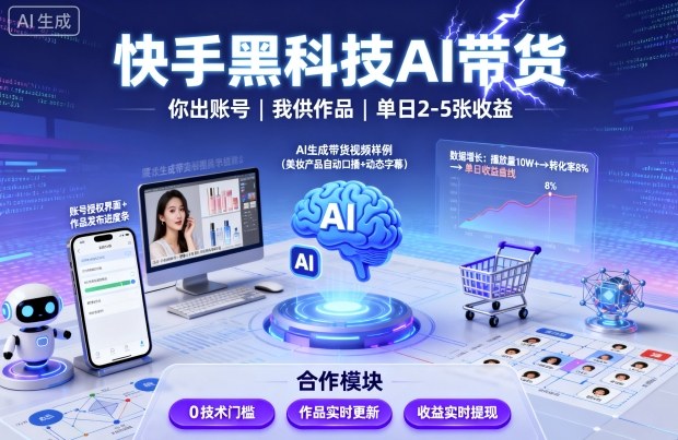快手黑科技AI带货，你提供账号，我提供作品并发布，单日2-5张【揭秘】-独角兽众创资源站独角兽网创资源站