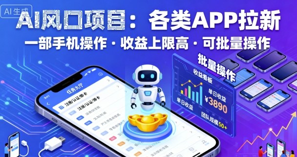 AI风口项目，各类APP拉新，一部手机就可以操作，收益上限高，可批量操作-独角兽众创资源站独角兽网创资源站
