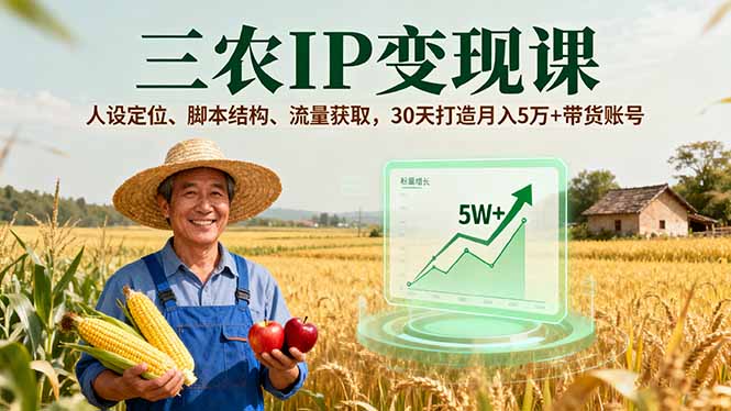 三农IP变现课，人设定位、脚本结构、流量获取，30天打造月入5万+带货账号-独角兽众创资源站独角兽网创资源站