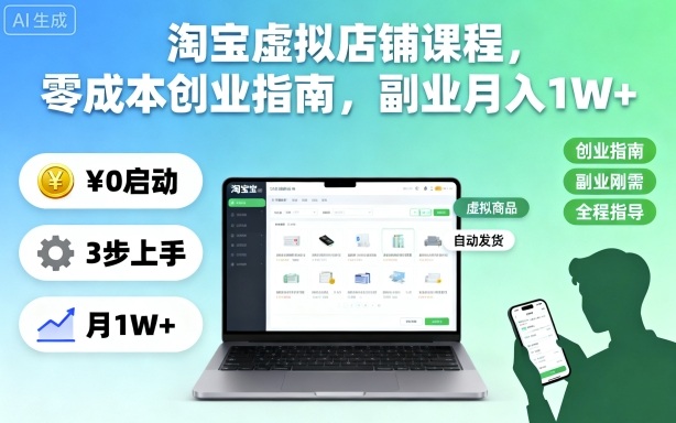 淘宝虚拟店铺课程,零成本创业指南,副业月入1W+-独角兽众创资源站独角兽网创资源站