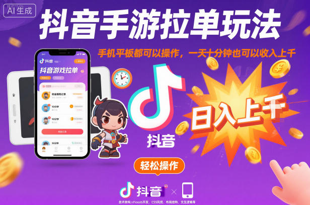 抖音手游拉单玩法，手机平板都可以操作，一天十分钟也可以收入上K【揭秘】-独角兽众创资源站独角兽网创资源站