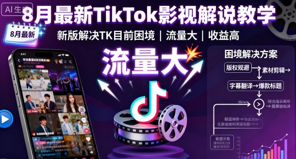 8月最新TikTok影视解说教学，新版解决TK目前困境，流量大，收益高-独角兽众创资源站独角兽网创资源站