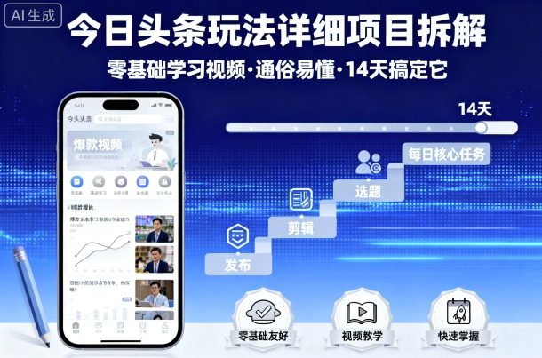 今日头条玩法详细项目拆解，零基础学习视频 通俗易懂 14天搞定它-独角兽众创资源站独角兽网创资源站