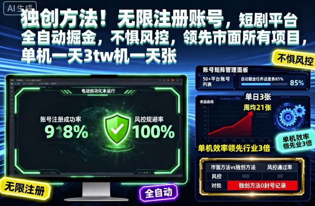独创方法!无限注册账号,短剧平台全自动掘金,不惧风控,领先市面所有项目,单机一天3张【揭秘】-独角兽众创资源站独角兽网创资源站